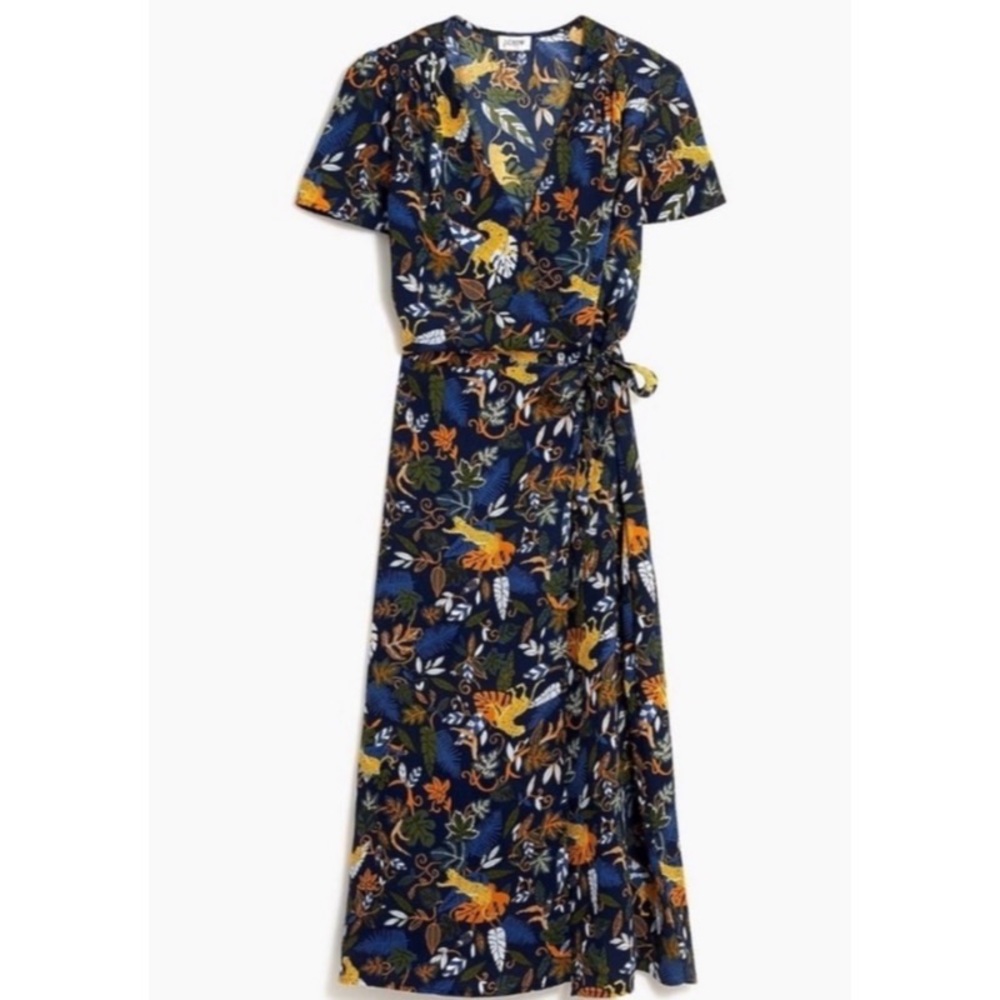 J. Crew Navy Jungle Print Drapey Twill Wrap Midi Dress 00